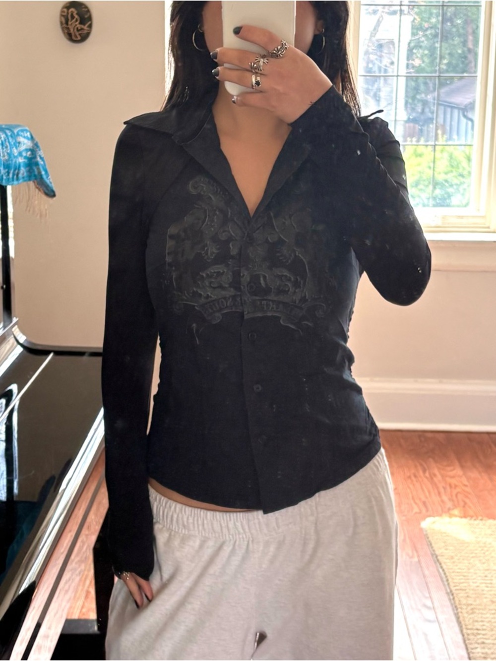 Vintage Rare Foxy Jeans Black Button Up Long Sleeve Shirt with Graphic Detailing